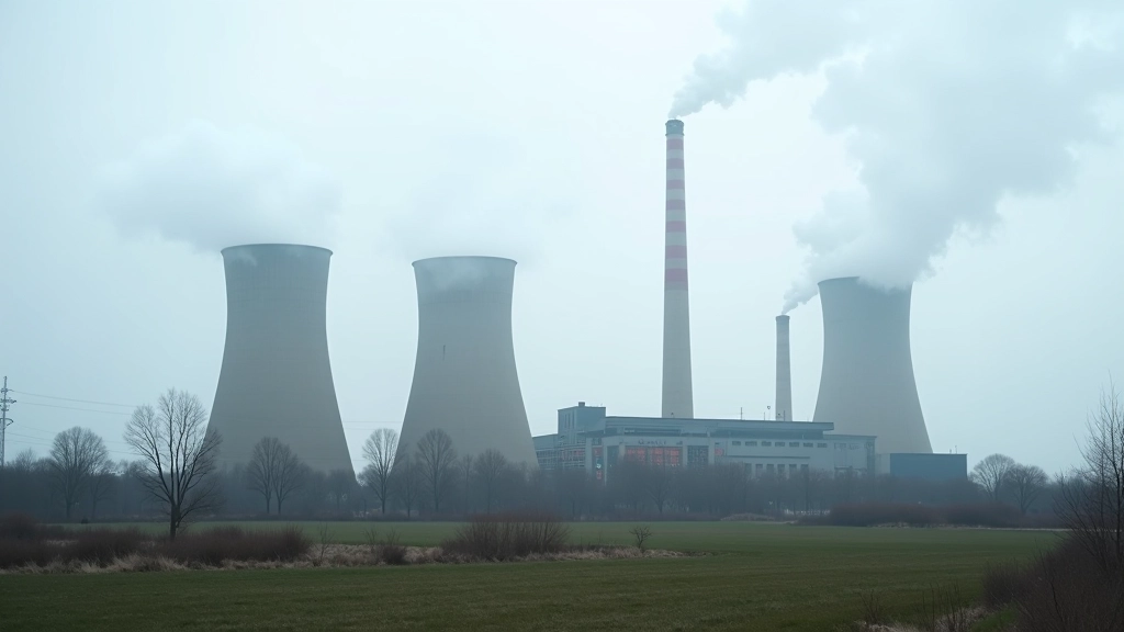 Elektrownia węglowa z kominami emitującymi dym, rozległy krajobraz przemysłowy z linią goryzontु